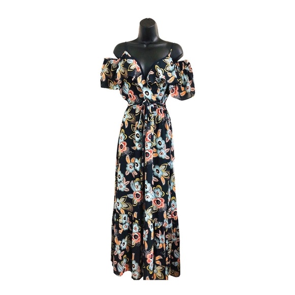 Loft Cold shoulder wrap style v-neck belted dark floral maxi dress size small - Picture 2 of 15